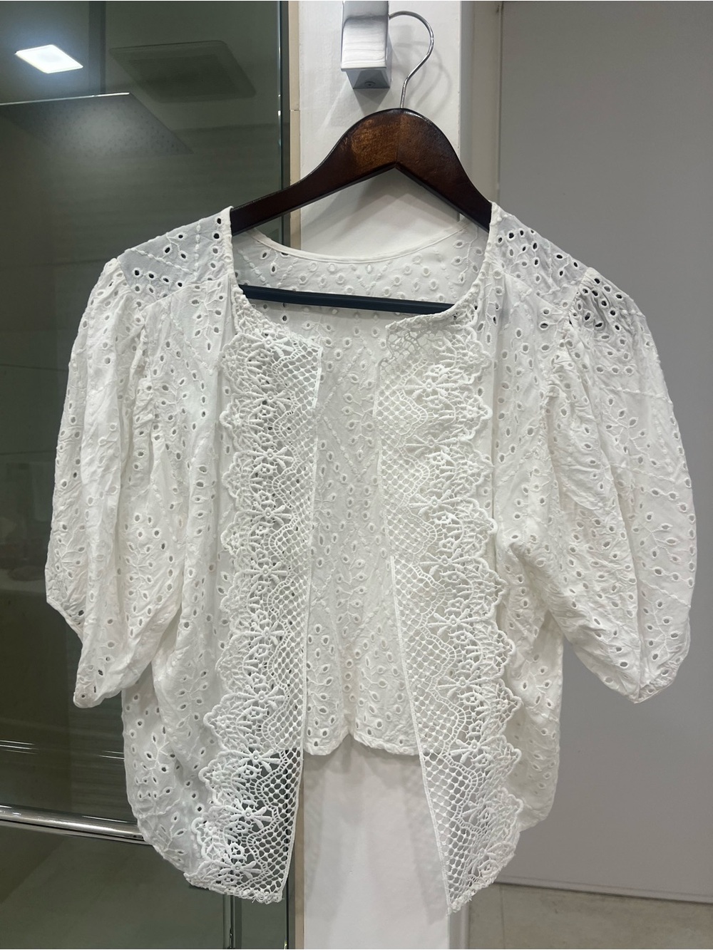 White Eyelet Lace Puff Sleeve Top - Women